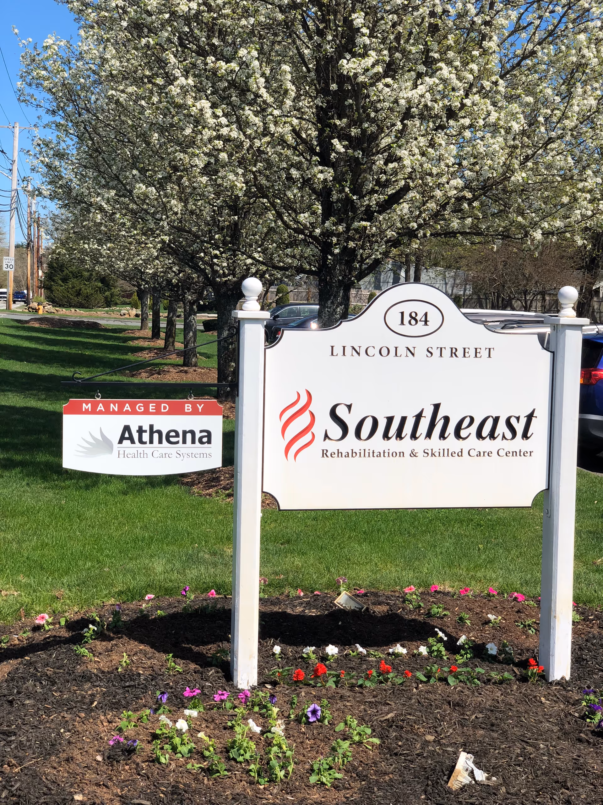 Outdoor view of a white sign for Southeast Rehabilitation & Skilled Care Center at 184 Lincoln Street, surrounded by a flower bed with blooming flowers and trees with white blossoms in the background. A smaller sign below indicates the facility is managed by Athena Health Care Systems.