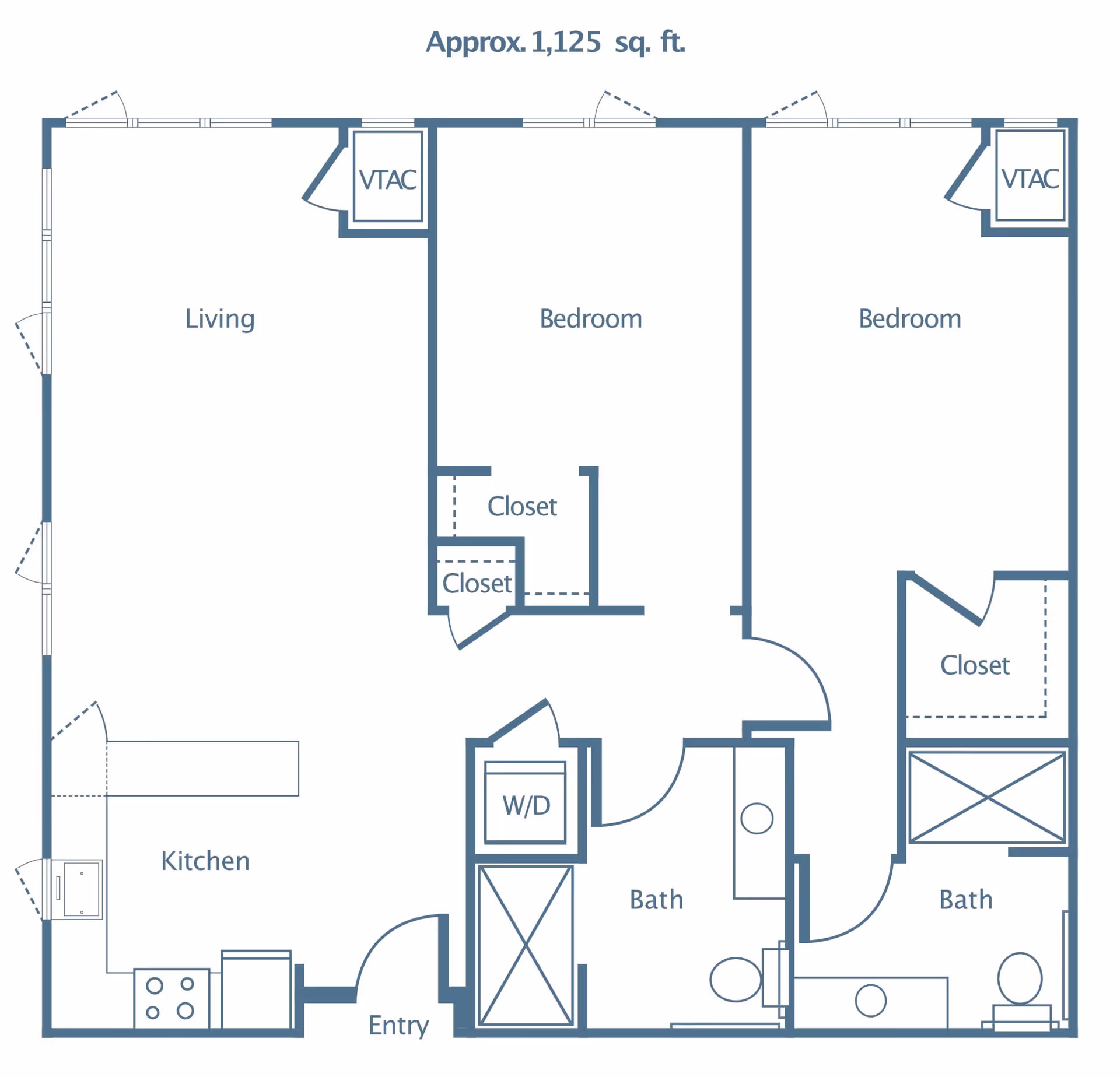 Floor plan drawing of an approximately 1,125 sq. ft. two-bedroom, two-bath apartment showing living room, kitchen, closets, W/D, and entry.