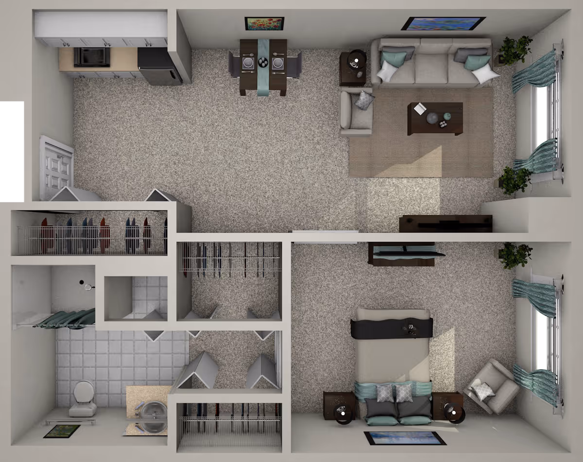 Top-down view of a one-bedroom apartment floor plan showing a living room with sofa, armchair, coffee table, and TV stand; a dining area with a table set for two; a kitchen with cabinets, sink, and refrigerator; a bedroom with a bed, two nightstands, an armchair, and windows with curtains; a bathroom with a toilet, sink, and shower; and multiple closets with hanging clothes.