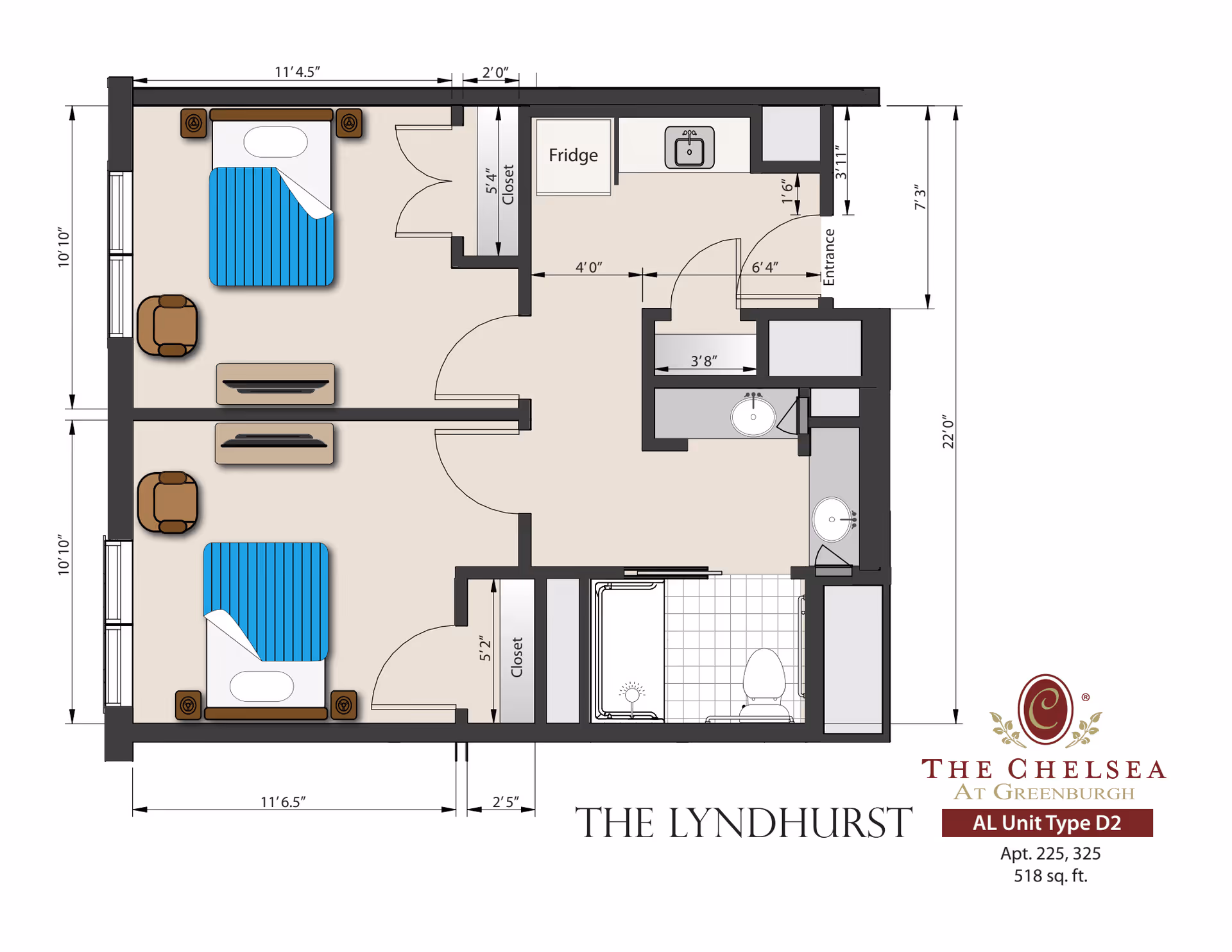 Floor plan of The Lyndhurst AL Unit Type D2 at The Chelsea at Greenburgh, showing a layout with two bedrooms, each with a bed, nightstands, and chairs. The plan includes a kitchen area with a fridge and sink, a bathroom with a toilet and bathtub, closets, and an entrance. Dimensions of rooms and spaces are marked throughout the plan.