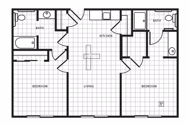 Architectural floor plan of a two-bedroom apartment at Lake Pointe Landing Retirement Village, showing two bedrooms, two bathrooms, a kitchen, and a living area.