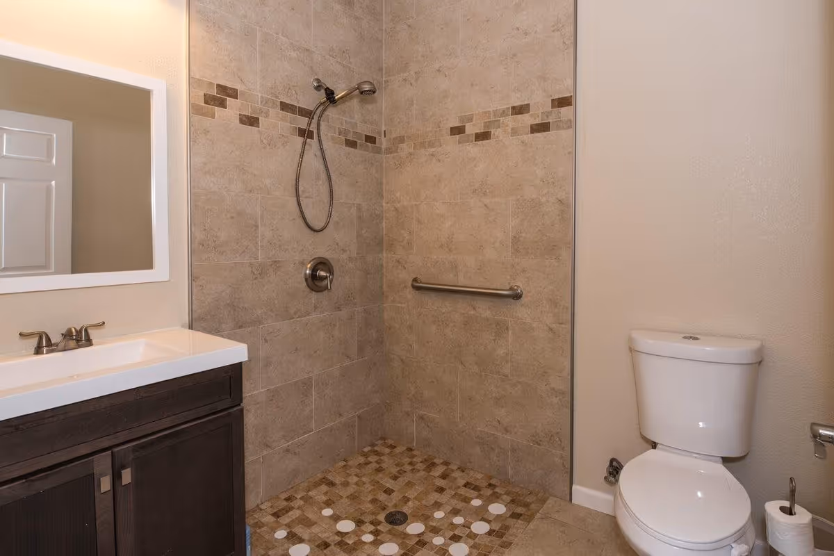 A bathroom with a walk-in tiled shower featuring a handheld showerhead and a grab bar. There is a white toilet next to the shower and a dark wood vanity with a white countertop and a mirror above it.