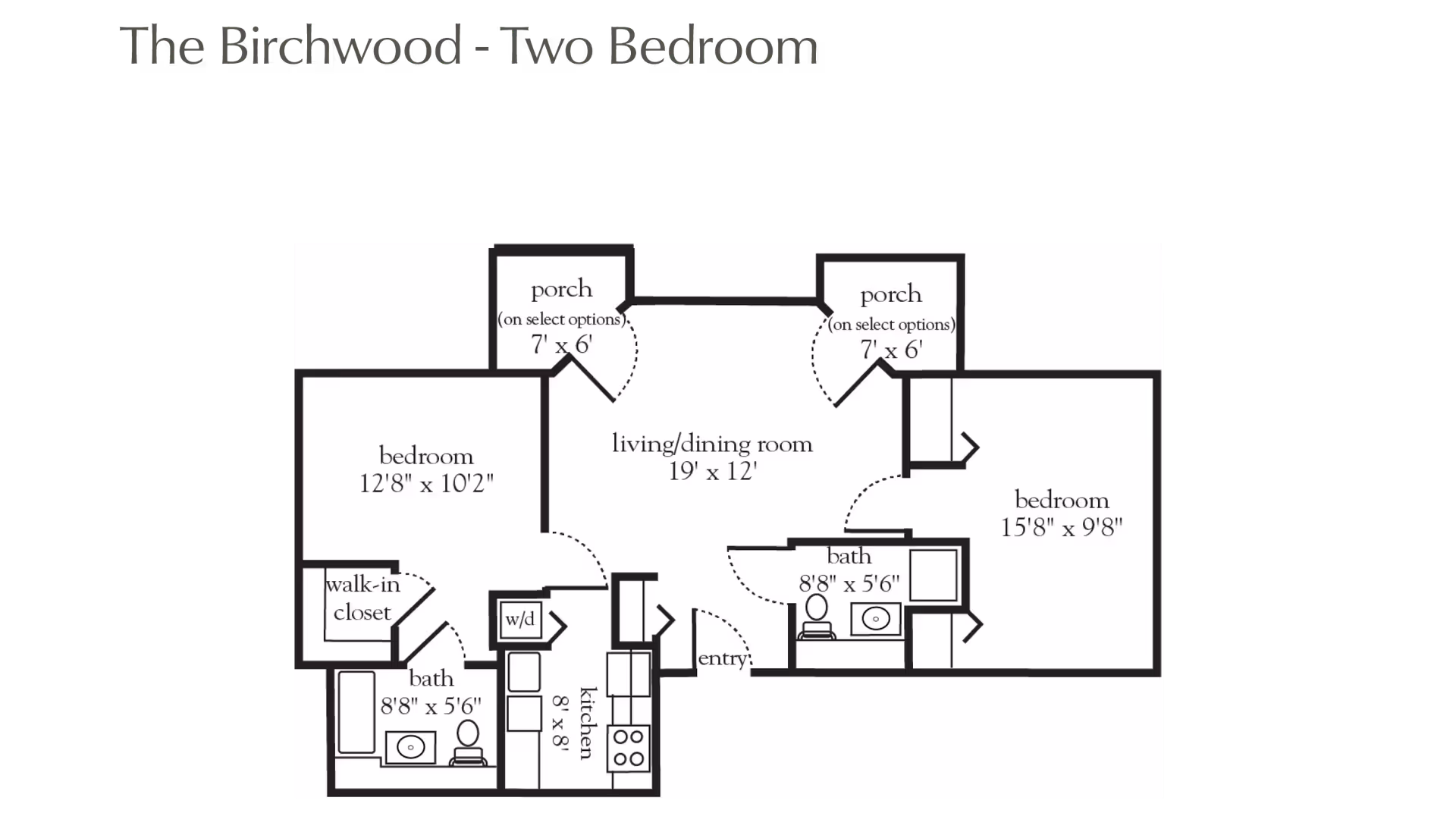 Floor plan titled 'The Birchwood - Two Bedroom' showing two bedrooms, two bathrooms, a kitchen, a living/dining room, two porches, and a walk-in closet. Dimensions are provided for each room.