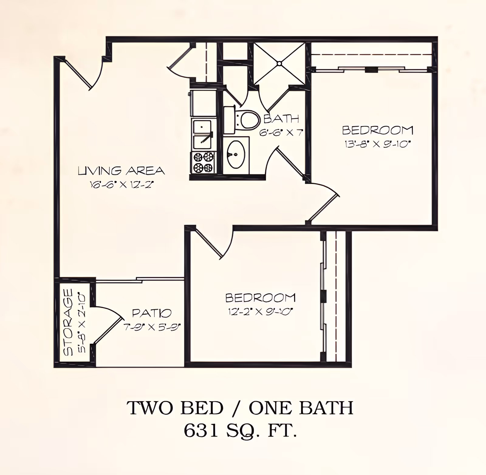 Floor plan of a two-bedroom, one-bath apartment with a total area of 631 square feet. The layout includes a living area measuring 16 feet 6 inches by 12 feet 2 inches, a bathroom measuring 6 feet 6 inches by 7 feet, two bedrooms measuring 13 feet 8 inches by 9 feet 10 inches and 12 feet 2 inches by 9 feet 10 inches respectively, a patio measuring 7 feet 9 inches by 5 feet 9 inches, and a storage area measuring 5 feet 8 inches by 2 feet 10 inches. The kitchen is adjacent to the bathroom and living area.