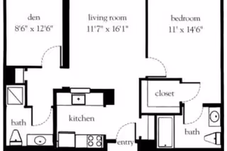 Black and white floor plan of a residential unit showing a den, living room, bedroom, kitchen, two bathrooms, closets, and an entryway with dimensions labeled for each room.