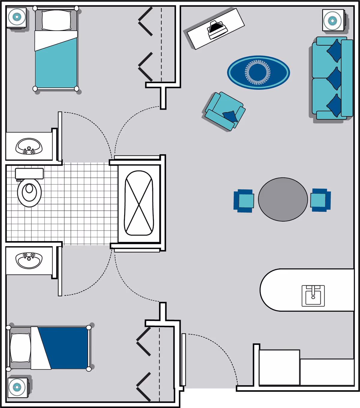 Floor plan of a residential unit showing two bedrooms, a bathroom with a toilet, sink, and bathtub, and a combined living and dining area with a sofa, armchair, coffee table, dining table with two chairs, and a kitchen area with a sink and counter.