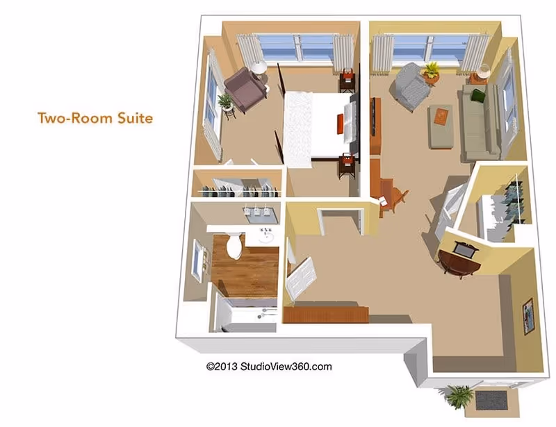 3D floor plan of a two-room suite showing a bedroom with a bed, nightstands, and a chair; a living room with a sofa, armchair, coffee table, TV, and desk; a bathroom with a toilet, sink, and bathtub; and a closet area. The suite has windows with curtains and some plants for decoration.