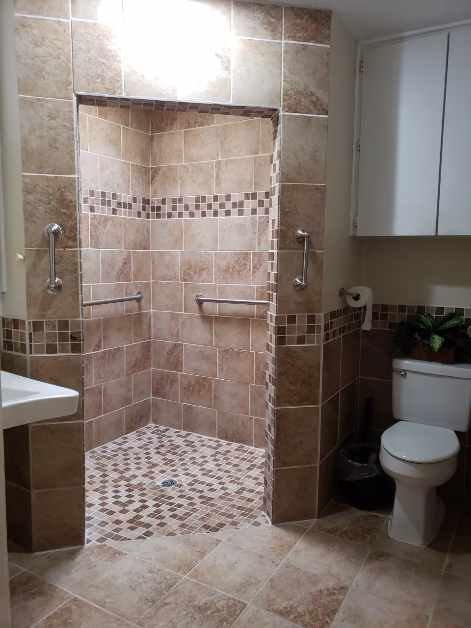 A bathroom with beige and brown tiled walls and floor. There is a walk-in shower with grab bars on the walls, a white toilet with a plant on top, a toilet paper holder, a black trash bin, and a white cabinet mounted on the wall. A white sink is partially visible on the left side.