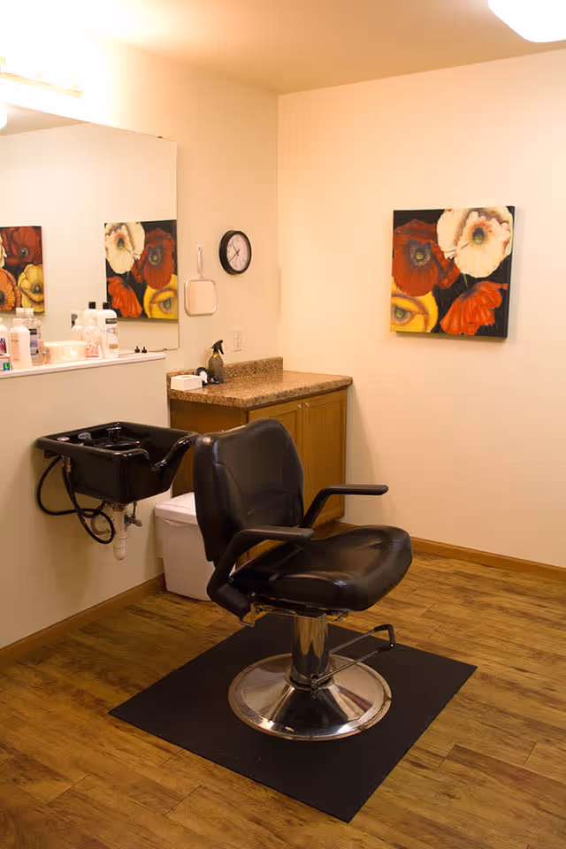 A small hair salon area with a black salon chair on a black mat, a black sink for washing hair attached to the wall, a countertop with various hair products, a wall clock, and a colorful floral painting on the wall.