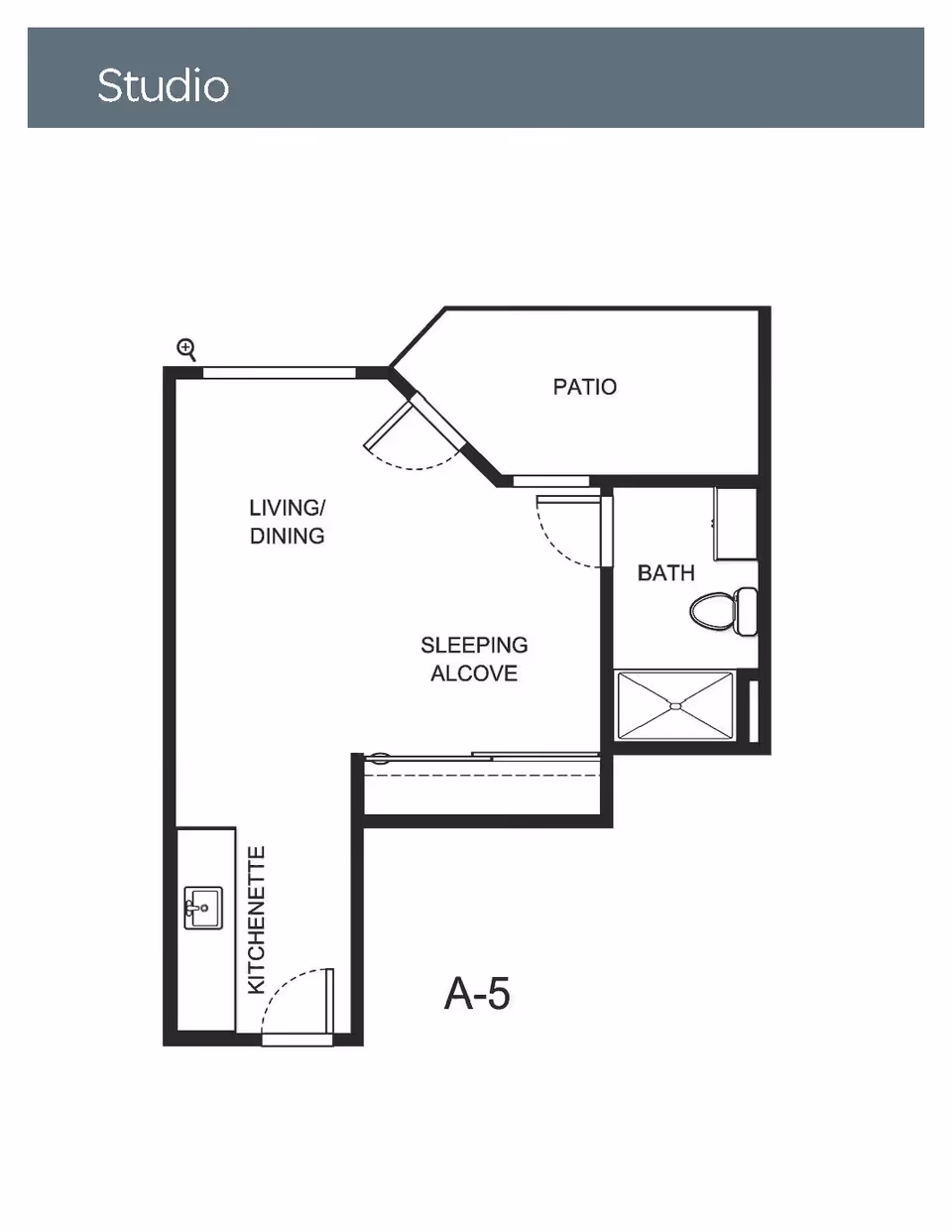 Floor plan of a studio apartment labeled A-5 showing a kitchenette, living/dining area, sleeping alcove, bathroom, and patio.