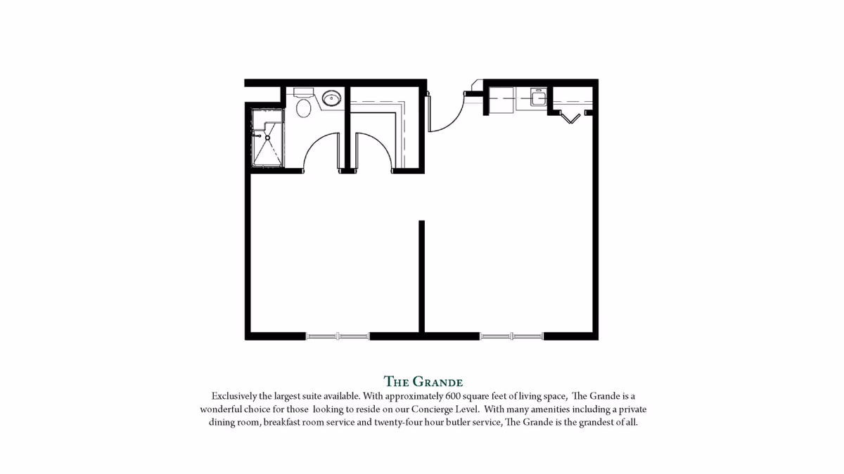 Black-and-white floor plan titled "The Grande" showing a one-bedroom suite layout with a bathroom and kitchenette.