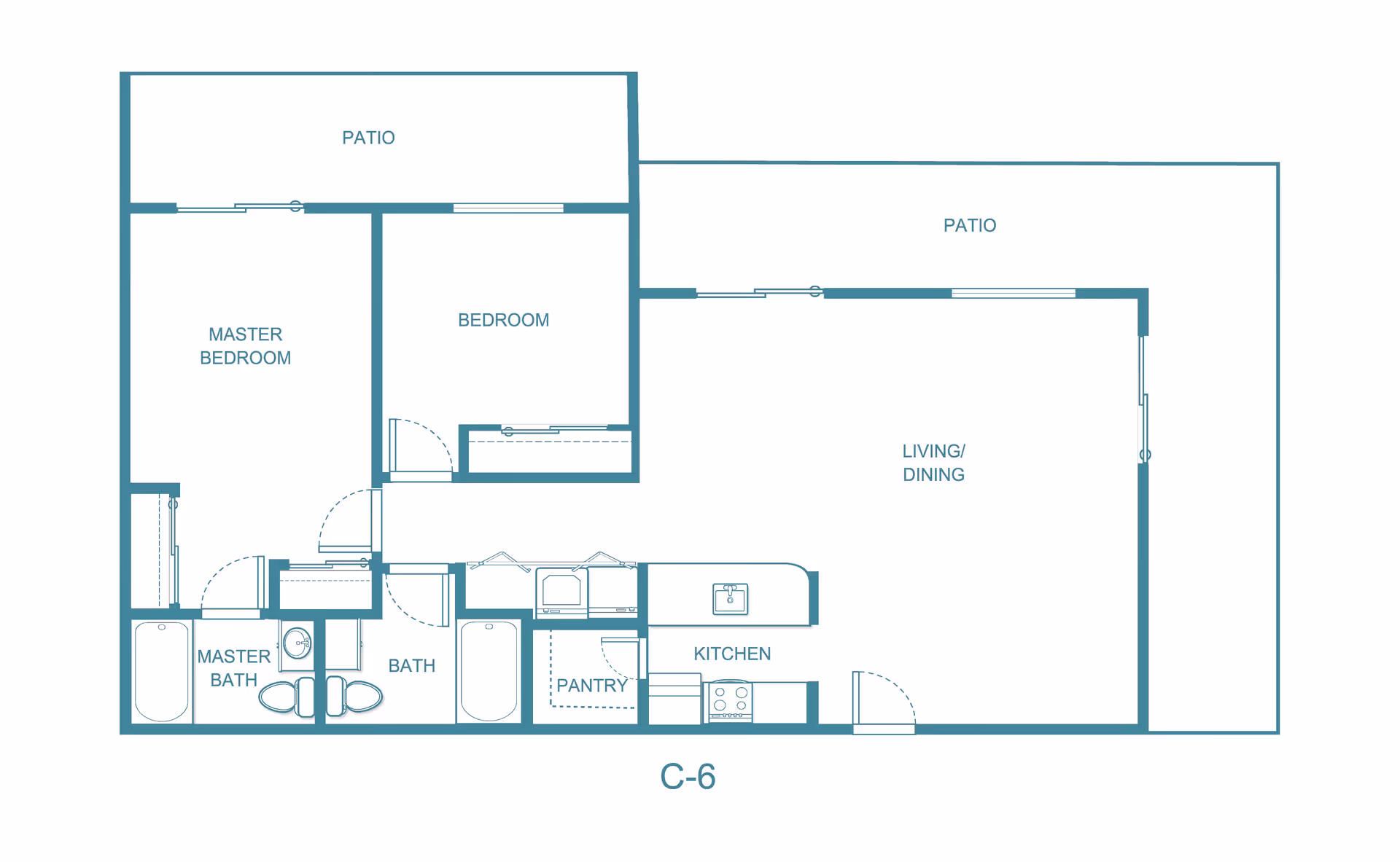 Architectural floor plan of a residential unit labeled C-6 at The Ivy at Hawaii Kai, showing a master bedroom with master bath, a second bedroom, a second bath, a kitchen with pantry, a combined living and dining area, and two patios.