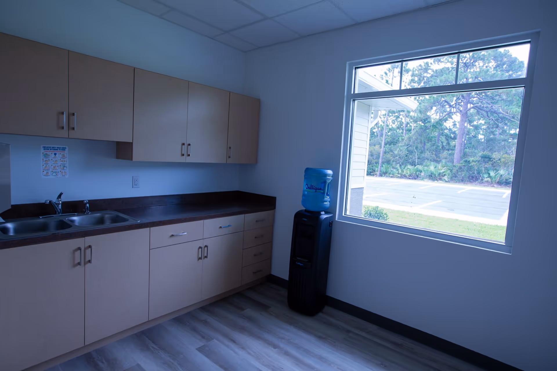 Small kitchenette with cabinets, a double sink and countertop, plus a water cooler by a large window looking out to trees and a parking area.