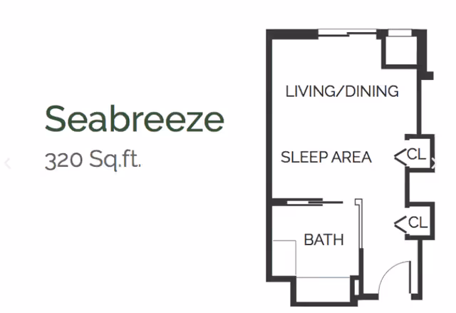 Floor plan layout of a senior living unit named Seabreeze with 320 square feet, showing areas labeled Living/Dining, Sleep Area, Bath, and two closets (CL).