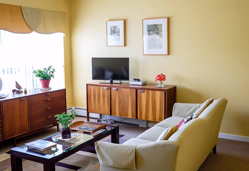 A cozy living room with a cream-colored sofa facing a wooden cabinet with a flat-screen TV on top. There is a glass coffee table with a plant and books in front of the sofa. Another wooden cabinet with a potted plant and decorative items is placed near a window with sheer curtains and a yellow valance. Two framed pictures hang on the yellow wall above the TV cabinet.