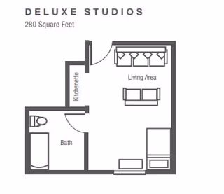 Floor plan of a deluxe studio apartment with 280 square feet, showing a kitchenette, living area with sofa and chairs, and a bathroom with a bathtub and toilet.