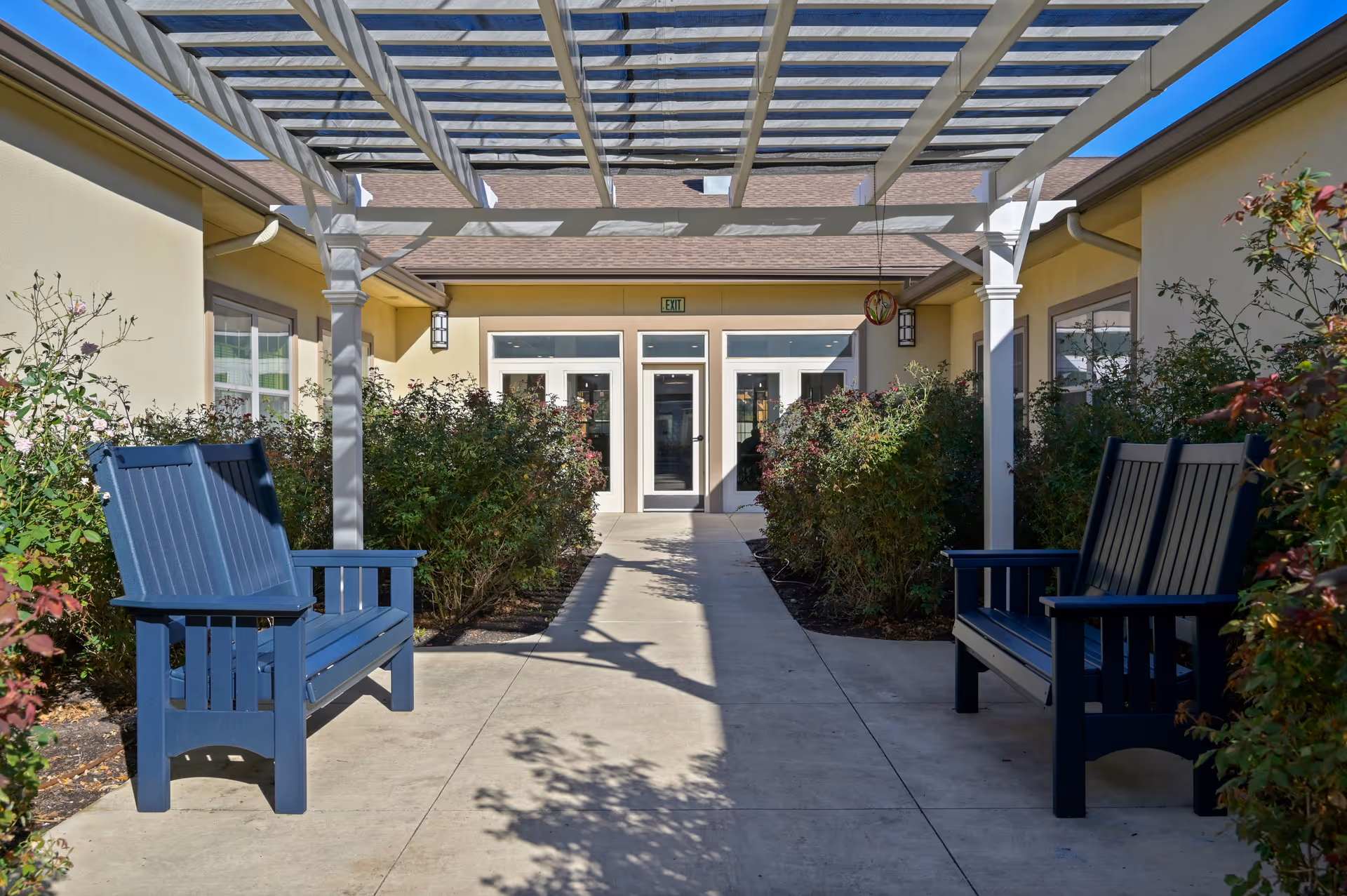 Outdoor covered walkway with a pergola overhead, flanked by bushes and two blue wooden benches on either side, leading to a building entrance with glass double doors.