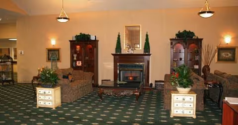 A cozy living room area with two patterned sofas facing each other, a wooden coffee table in the center, and a fireplace with decorative plants on the mantel. Two wooden display cabinets flank the fireplace, and there are potted plants on small white side tables next to each sofa. The room has green carpet with a floral pattern, beige walls, and ceiling lights.