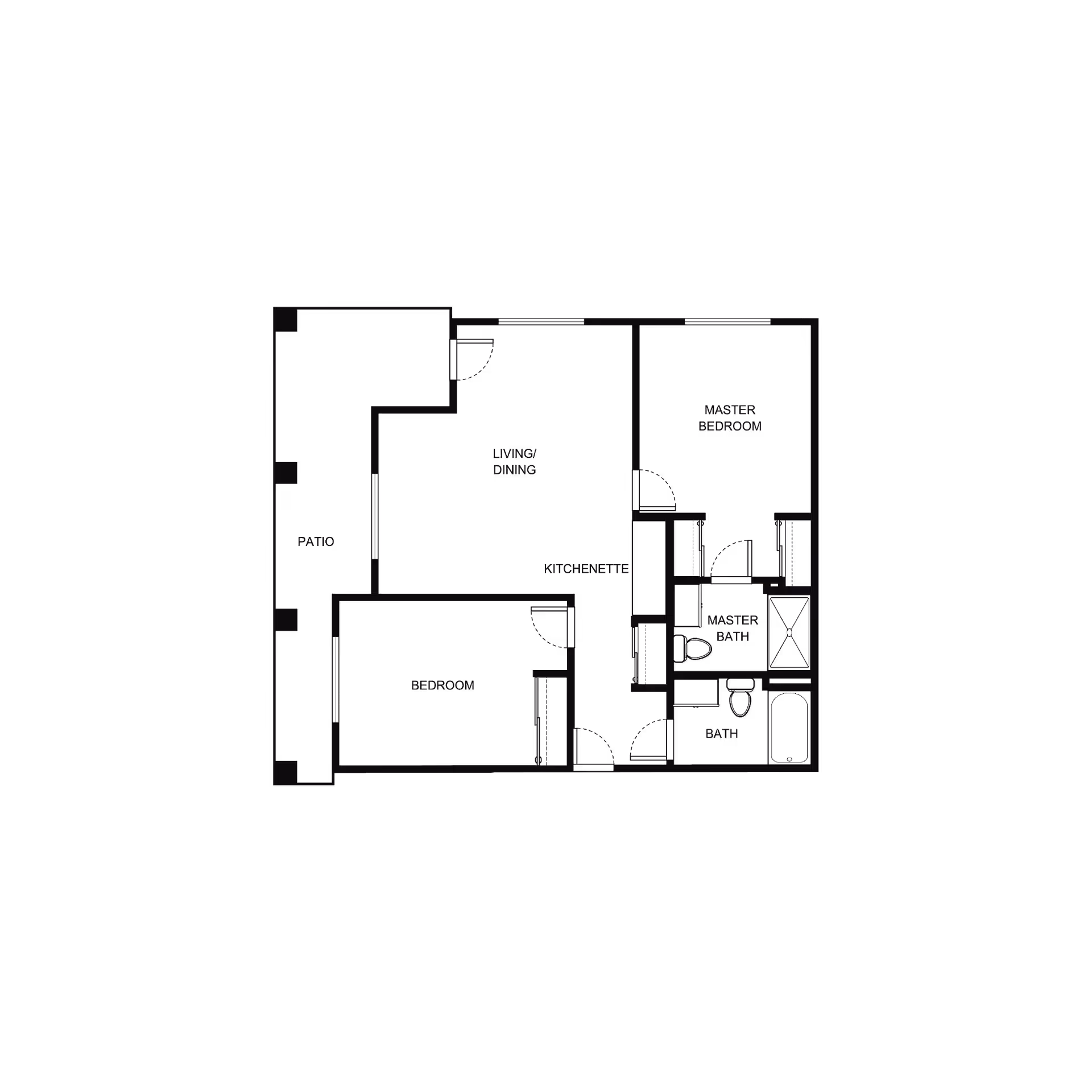 Architectural floor plan of a two-bedroom apartment showing a living/dining area, kitchenette, master bedroom with master bath, second bedroom, patio and a second bath.