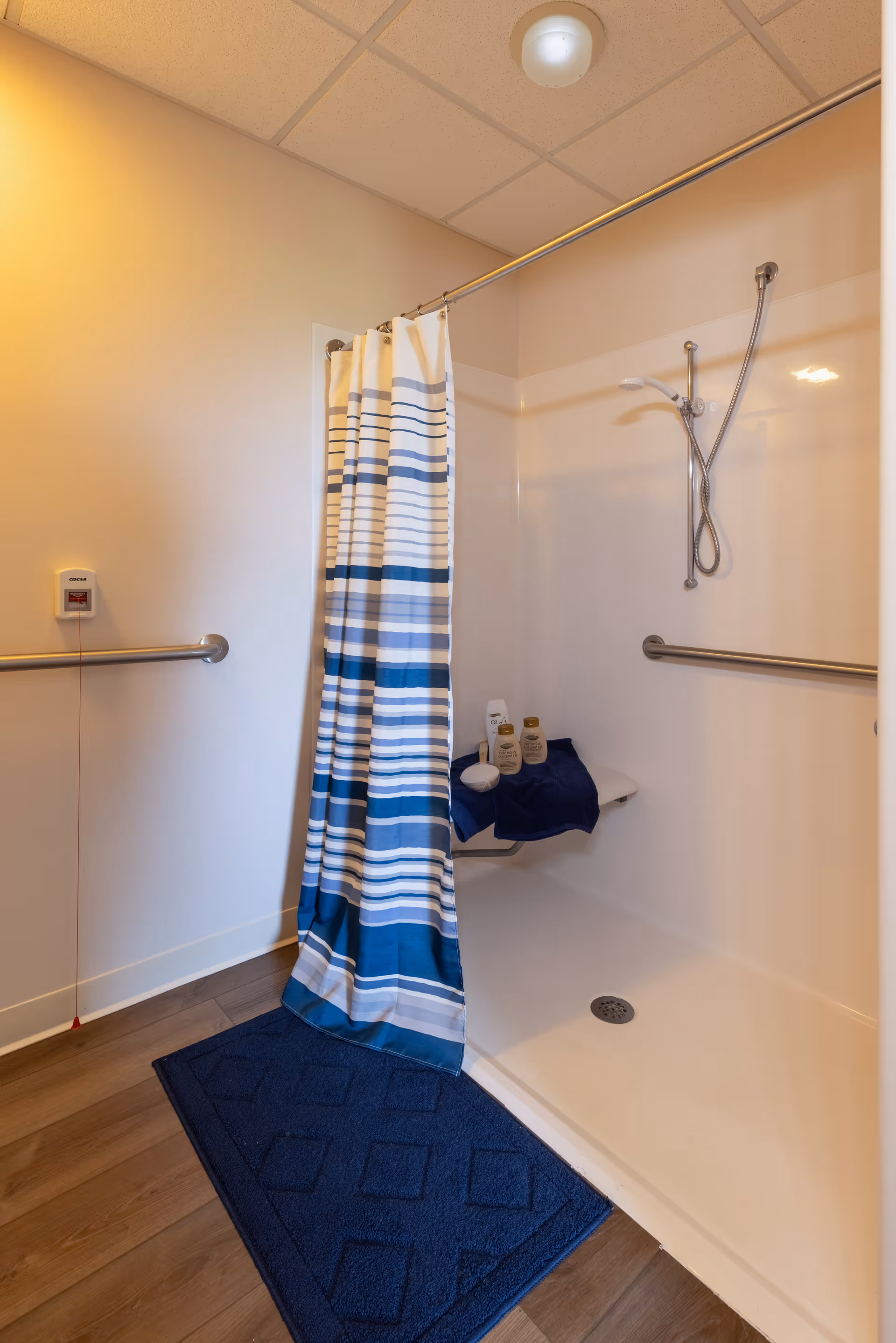 Accessible shower stall with a blue-striped curtain, grab bars, a fold-down seat holding toiletries, and a blue bath mat on wood-look flooring.