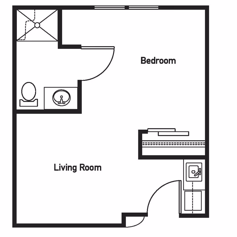 Floor plan layout showing a combined living room and bedroom area with an attached bathroom and a small kitchen area near the entrance.