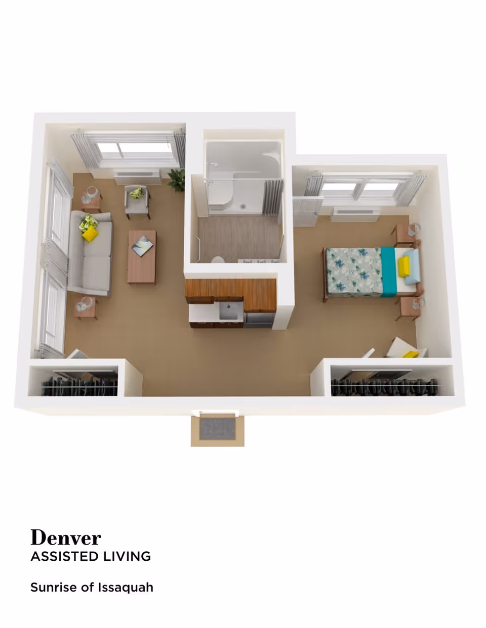 3D floor plan of an assisted living apartment named Denver at Sunrise of Issaquah, showing a living room with sofa, chair, coffee table, and side tables; a bedroom with a bed, nightstands, and a chair; a bathroom with a shower; and a small kitchen area with cabinets and appliances.