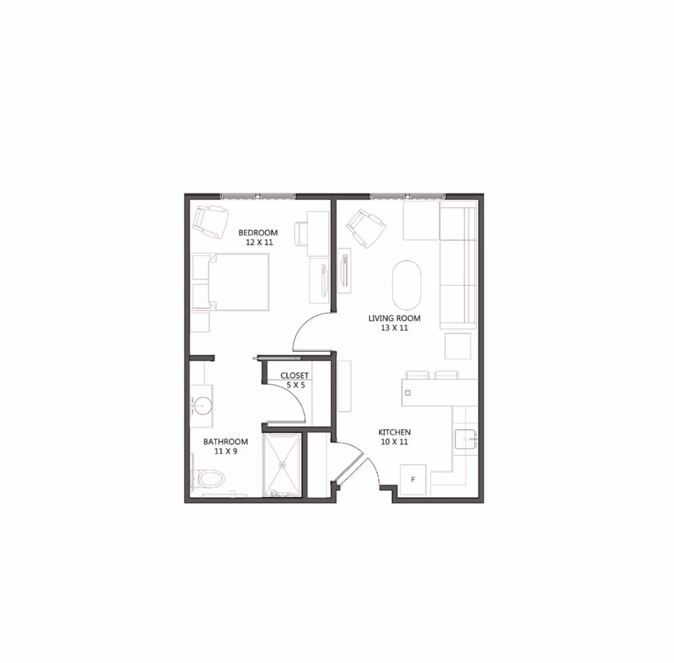 A simple one-bedroom apartment floor plan showing a bedroom, living room, kitchen, bathroom, and closet with room dimensions.