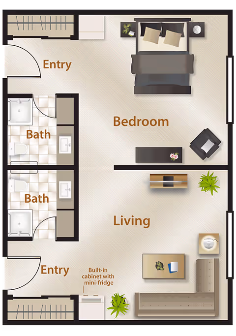 Floor plan of a residential unit showing two entry points, a bedroom with a bed and nightstand, two bathrooms each with a shower, toilet, and sink, and a living area with seating, a coffee table, a built-in cabinet with mini-fridge, and plants.