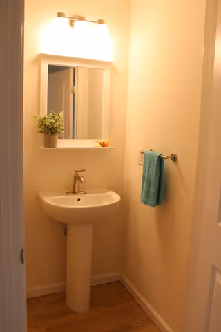 Small bathroom with a pedestal sink, a rectangular mirror above it, a light fixture with three bulbs above the mirror, a small potted plant on the mirror shelf, and a turquoise towel hanging on a towel rack on the right wall.