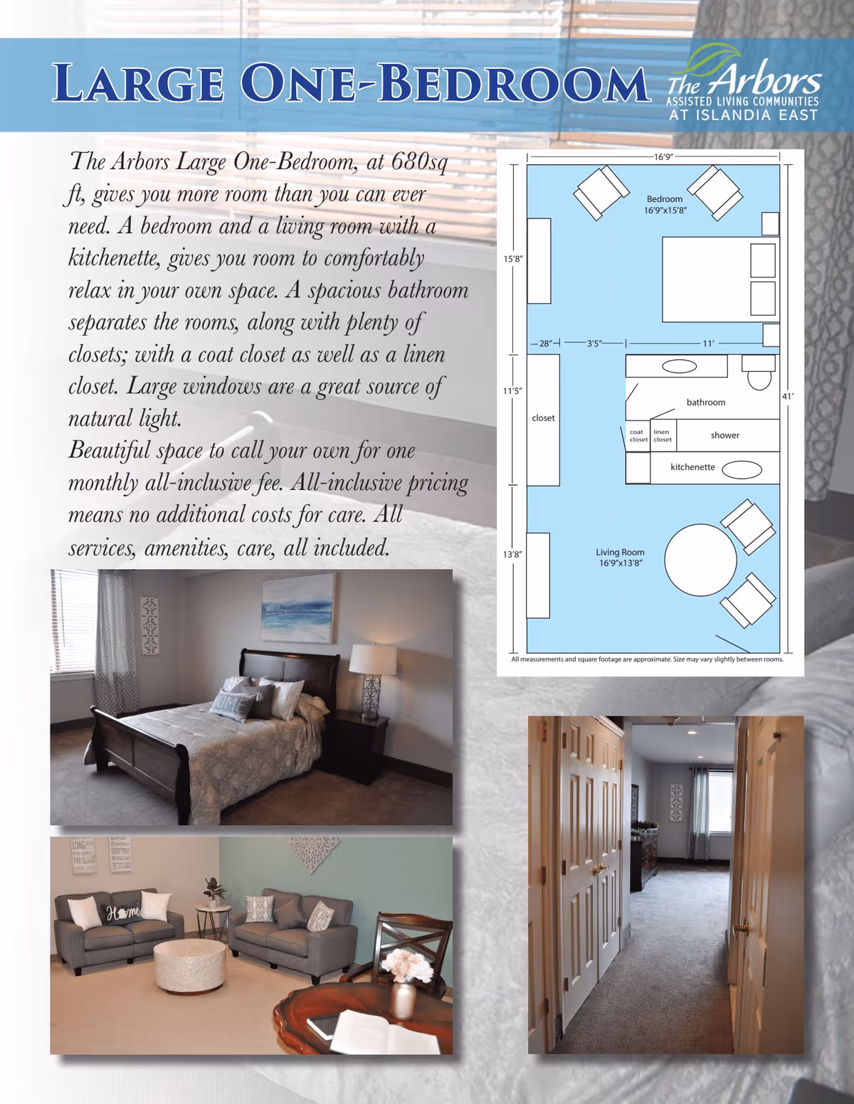 Promotional flyer for The Arbors Assisted Living Communities at Islandia East showing a large one-bedroom apartment layout with a bedroom, living room, kitchenette, bathroom, and closets. The flyer includes a floor plan diagram and three photos: a bedroom with a bed and nightstand, a living room with sofas and a table, and a hallway with doors and a window at the end.