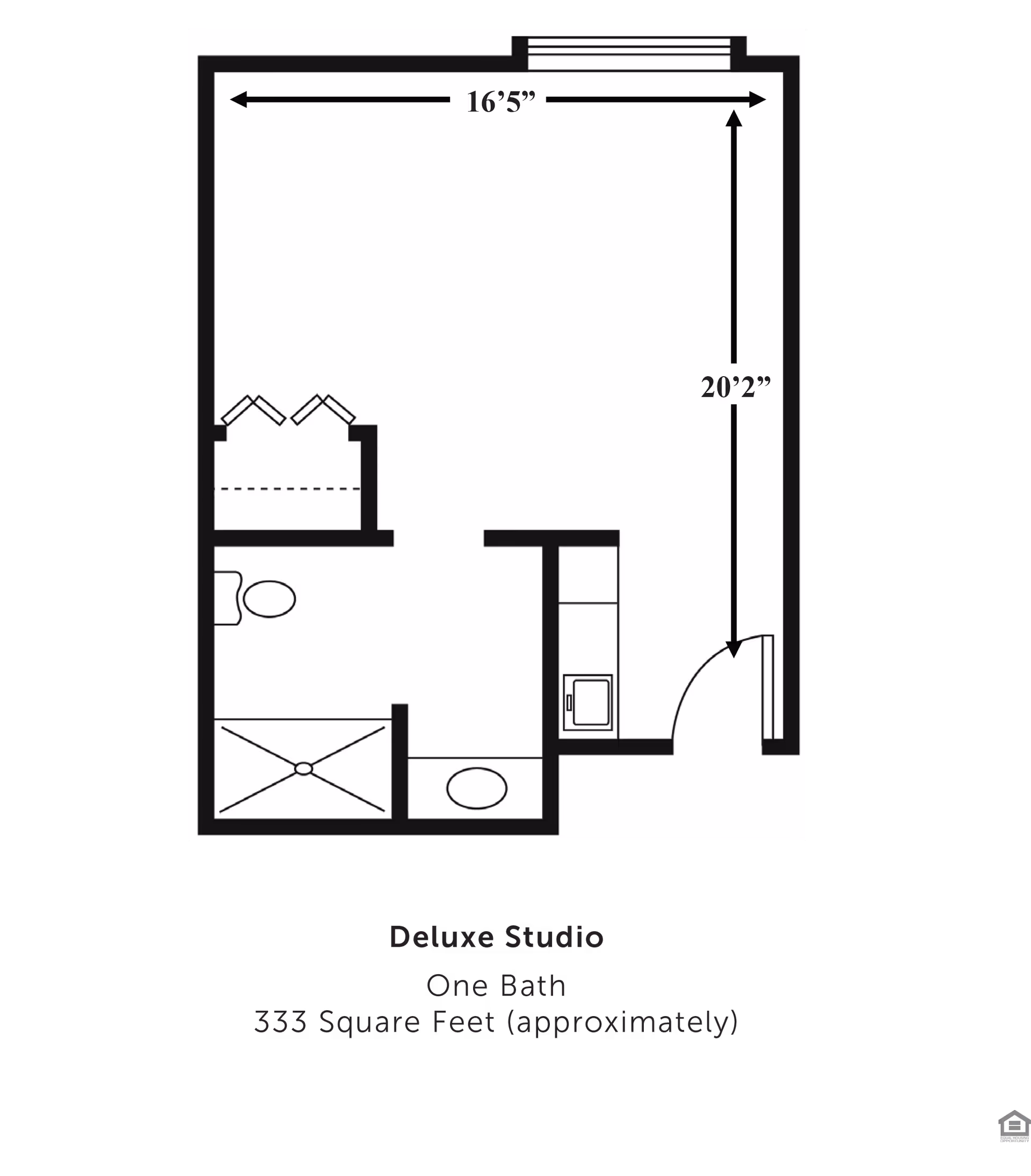 Floor plan of a deluxe studio apartment with one bathroom, approximately 333 square feet. The layout shows a main living area measuring 16 feet 5 inches by 20 feet 2 inches, a bathroom with a shower, toilet, and sink, and a small kitchen area near the entrance.