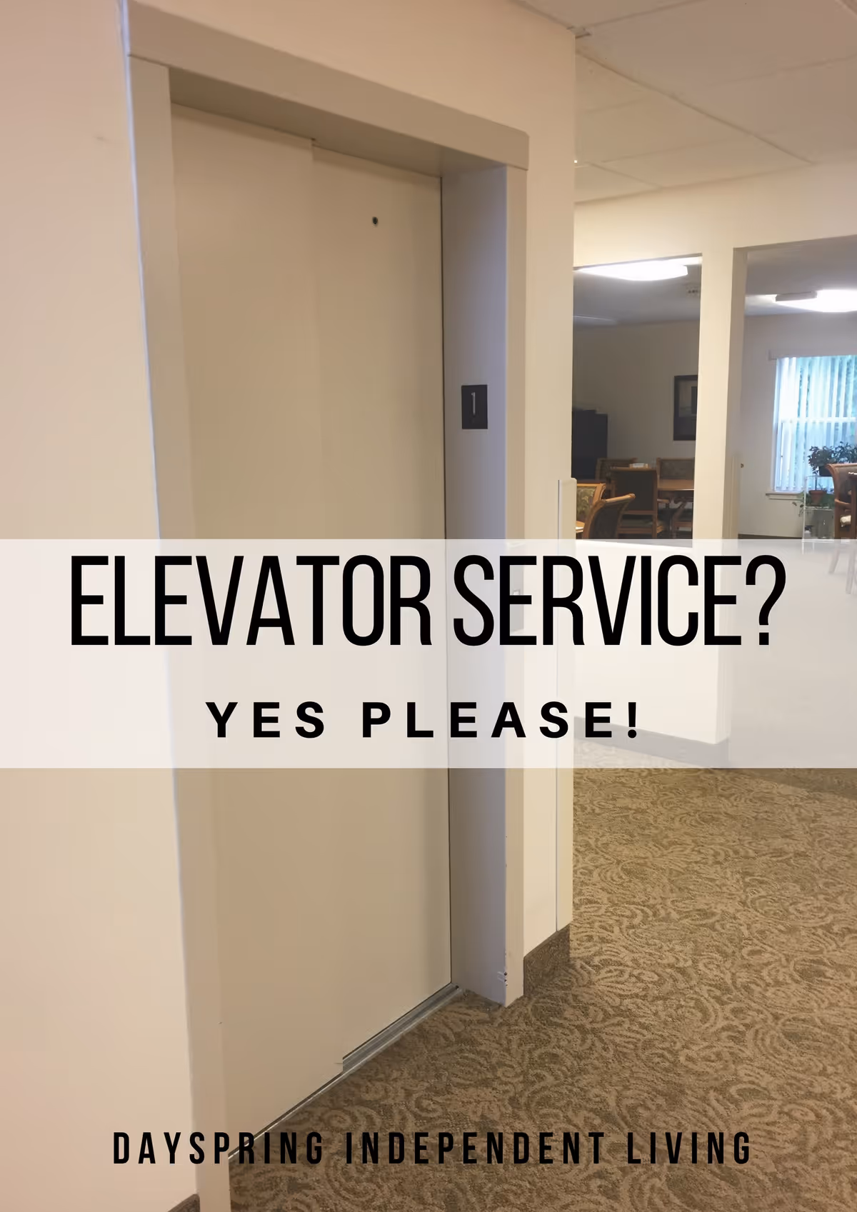 Closed elevator doors in an indoor hallway with carpeted floor and beige walls. In the background, there is a seating area with chairs and tables near windows with vertical blinds.