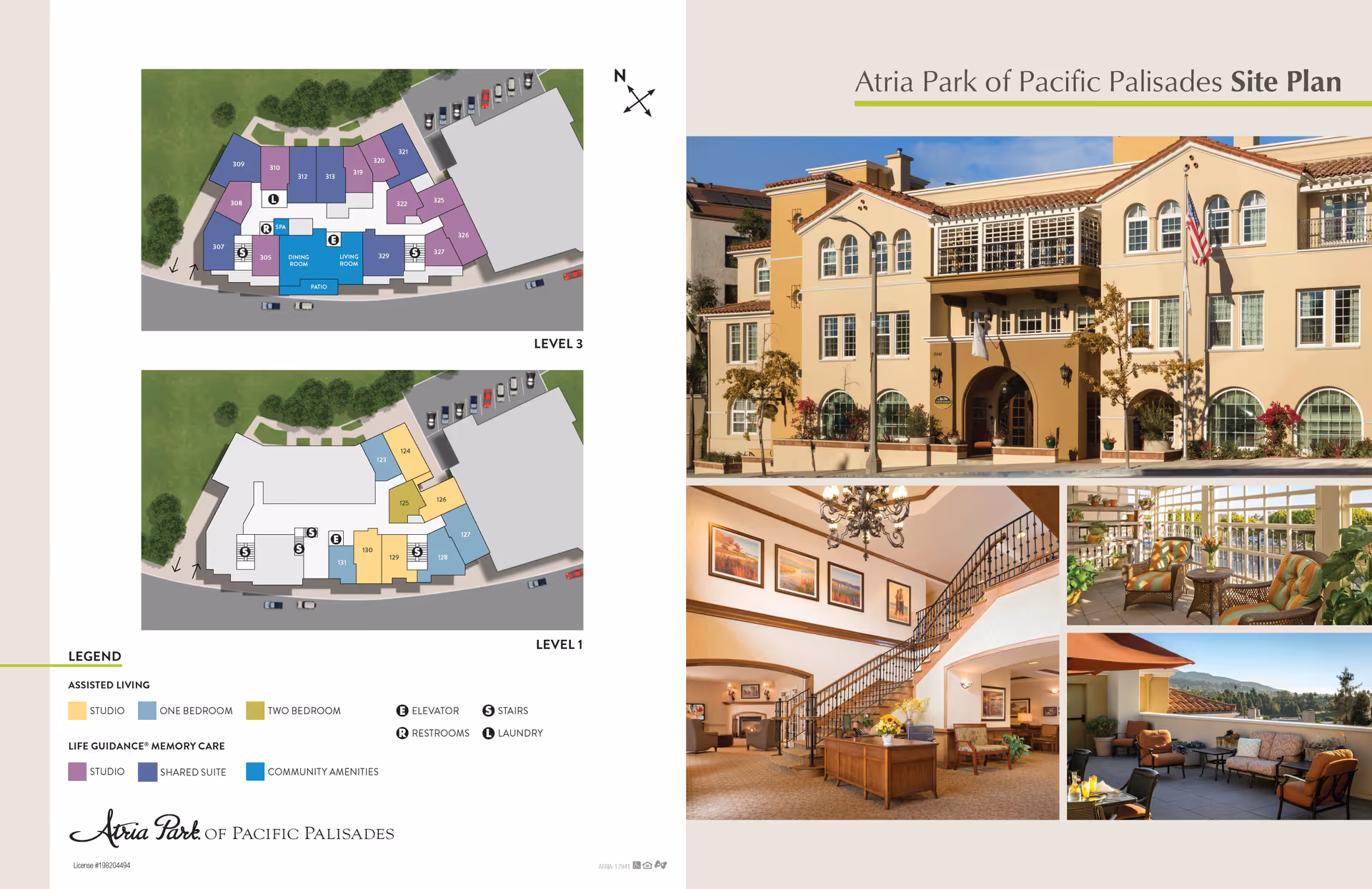 Atria Park of Pacific Palisades site plan with two floor layouts showing assisted living and memory care areas, along with photos of the building exterior, a lobby with a staircase, a sunlit seating area with large windows, and an outdoor patio with seating and a scenic view.