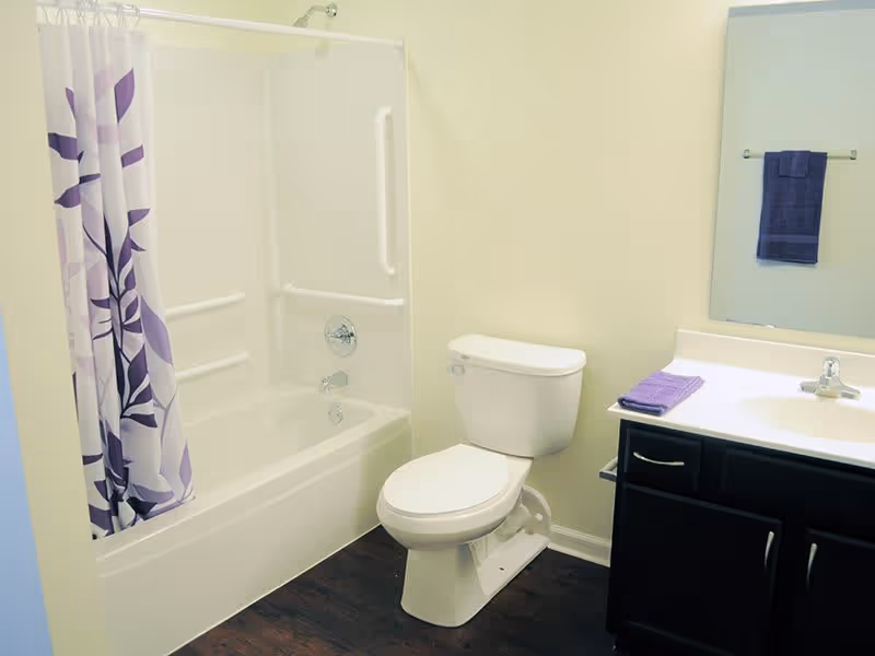 A clean bathroom featuring a white bathtub with a purple and white floral shower curtain, a white toilet, and a vanity with a sink and dark cabinetry. A purple towel hangs on a rack reflected in the mirror above the sink.