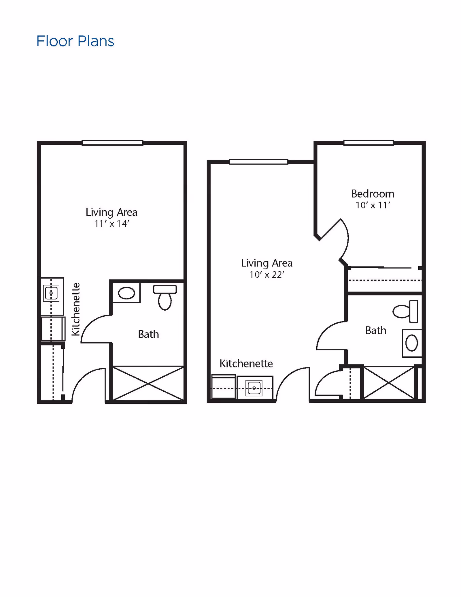Two black and white floor plans showing layouts with living areas, kitchenettes, bathrooms, and one bedroom in the second plan.