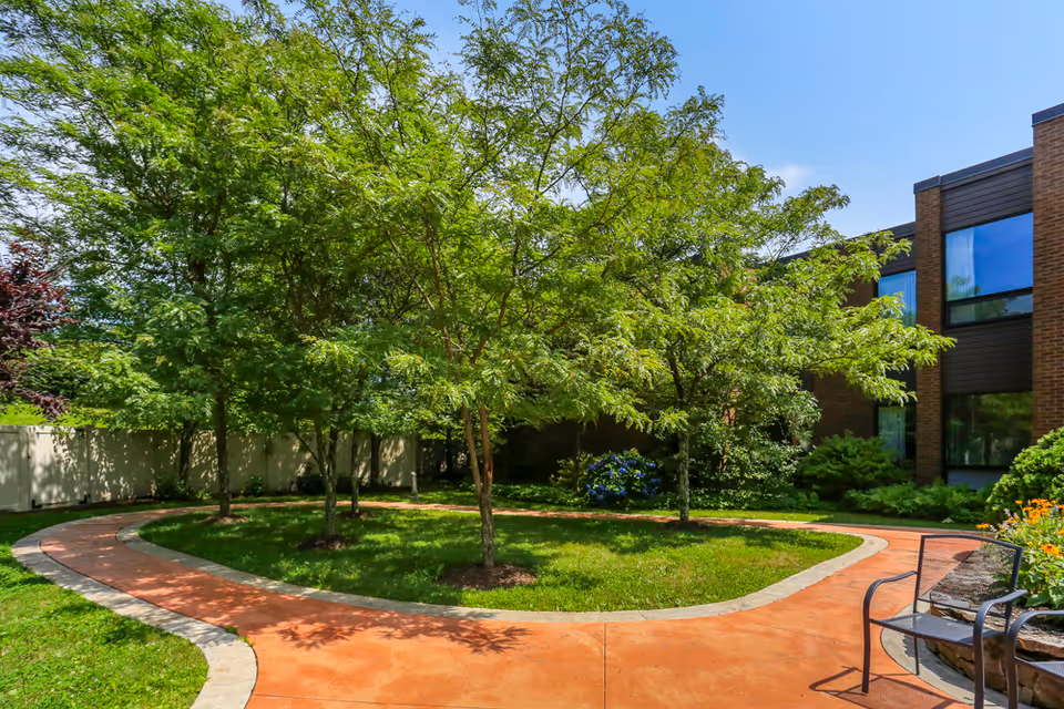 A sunny outdoor garden area with a curved orange pathway bordered by light-colored bricks. Several green leafy trees are planted in the grassy area inside the curve. A brown metal bench with armrests is positioned on the right side near some flowering plants. A brick building with large windows is visible in the background under a clear blue sky.
