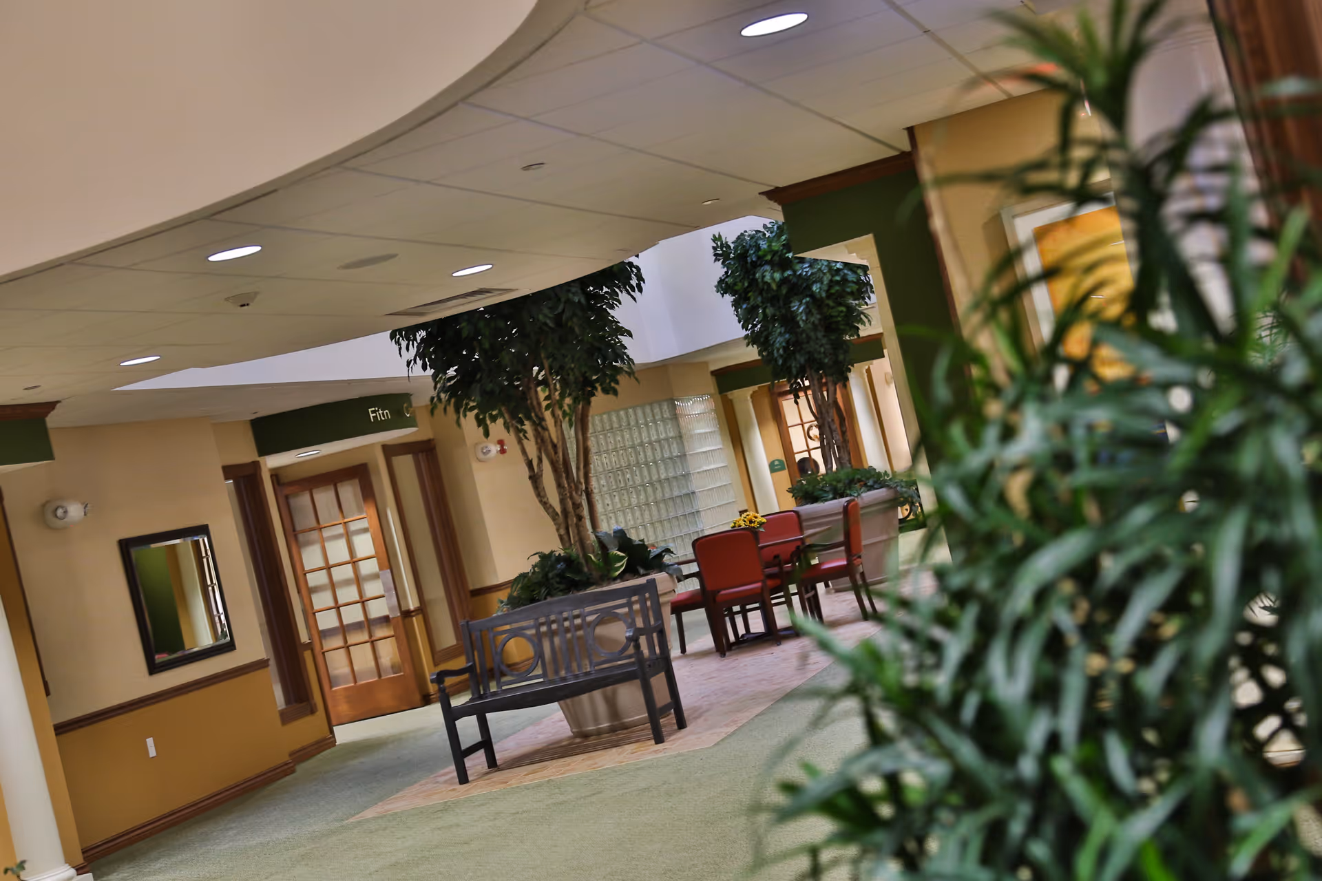 Indoor hallway area of a senior living facility with green carpeting, potted trees, a bench, and a table with red chairs. The walls are beige with wooden trim, and there is a glass-paneled door and a mirror on the wall.