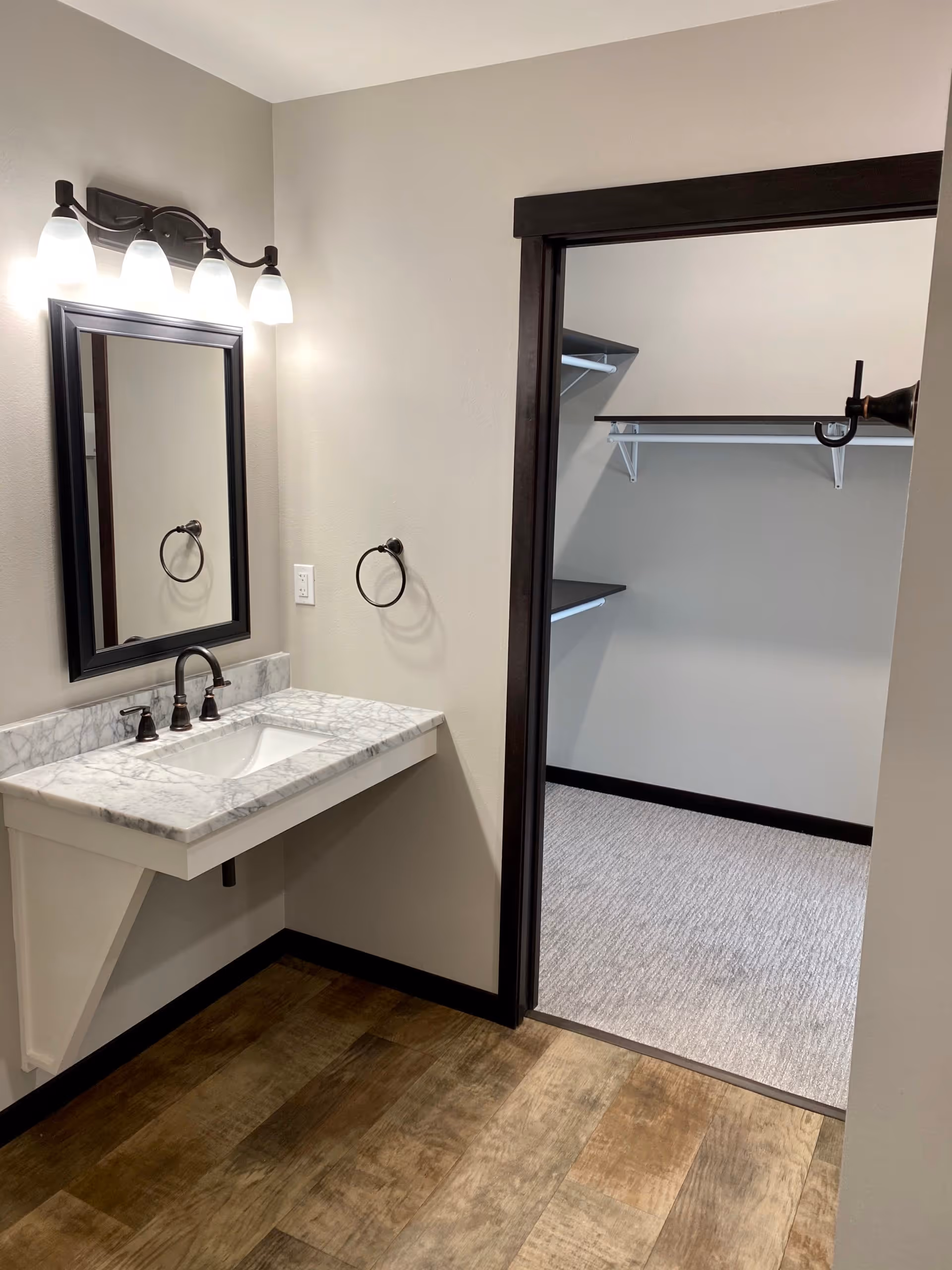 A bathroom area with a wall-mounted sink featuring a marble countertop, a dark-framed mirror above it, and a four-light fixture. To the right, there is an open doorway leading to a carpeted walk-in closet with shelves and hanging rods.