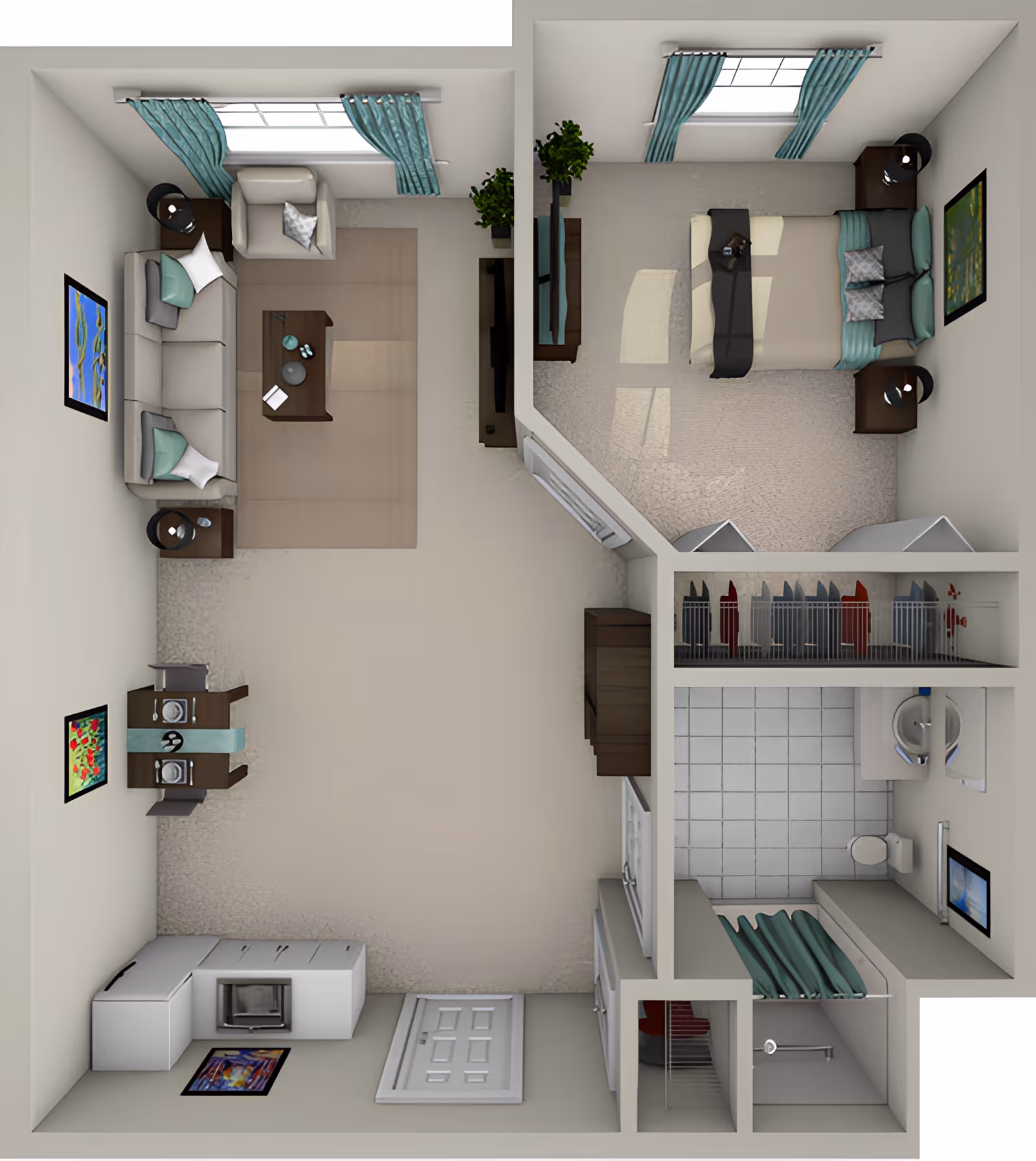 Top-down floor plan rendering of a one-bedroom apartment showing a living room, dining area, kitchen, bedroom, bathroom, and closet.