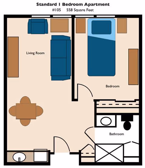 Floor plan of a standard one-bedroom apartment with 558 square feet, showing a living room with sofa and chair, a bedroom with a bed and side tables, a bathroom with toilet and sink, and a dining area with a table and chairs.