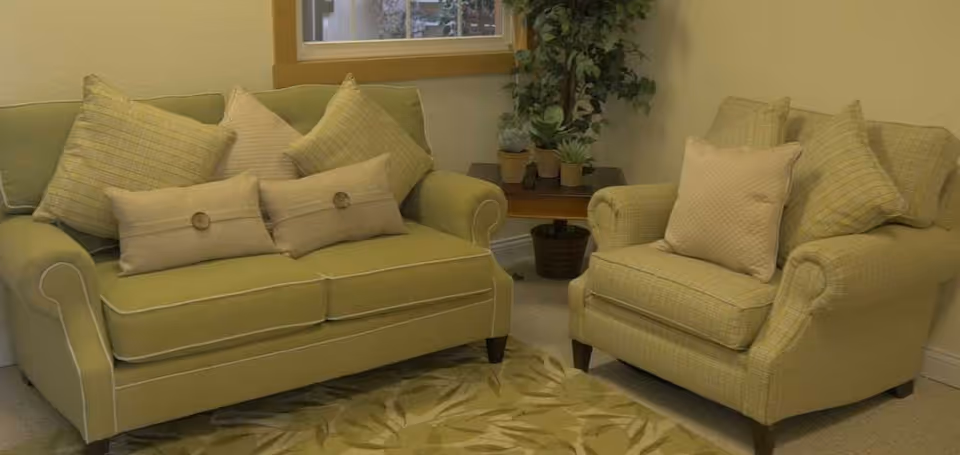 A cozy seating area with a green loveseat and a matching armchair, both adorned with multiple decorative pillows. There is a small wooden side table with potted plants next to the armchair, and a window above the loveseat. The floor has a patterned rug with leaf designs.