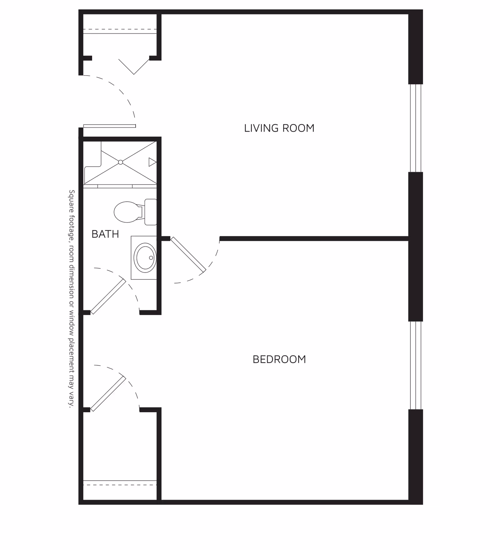Architectural floor plan showing a layout with a living room, bedroom, and a bathroom. The bathroom includes a shower, toilet, and sink. Doors and walls are clearly marked.