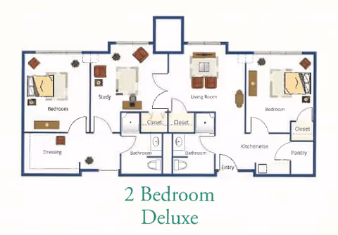 Floor plan of a 2 Bedroom Deluxe apartment at The Terraces at Capitol Village, showing two bedrooms, two bathrooms, a living room, a study, a kitchenette, closets, a pantry, and an entry area.