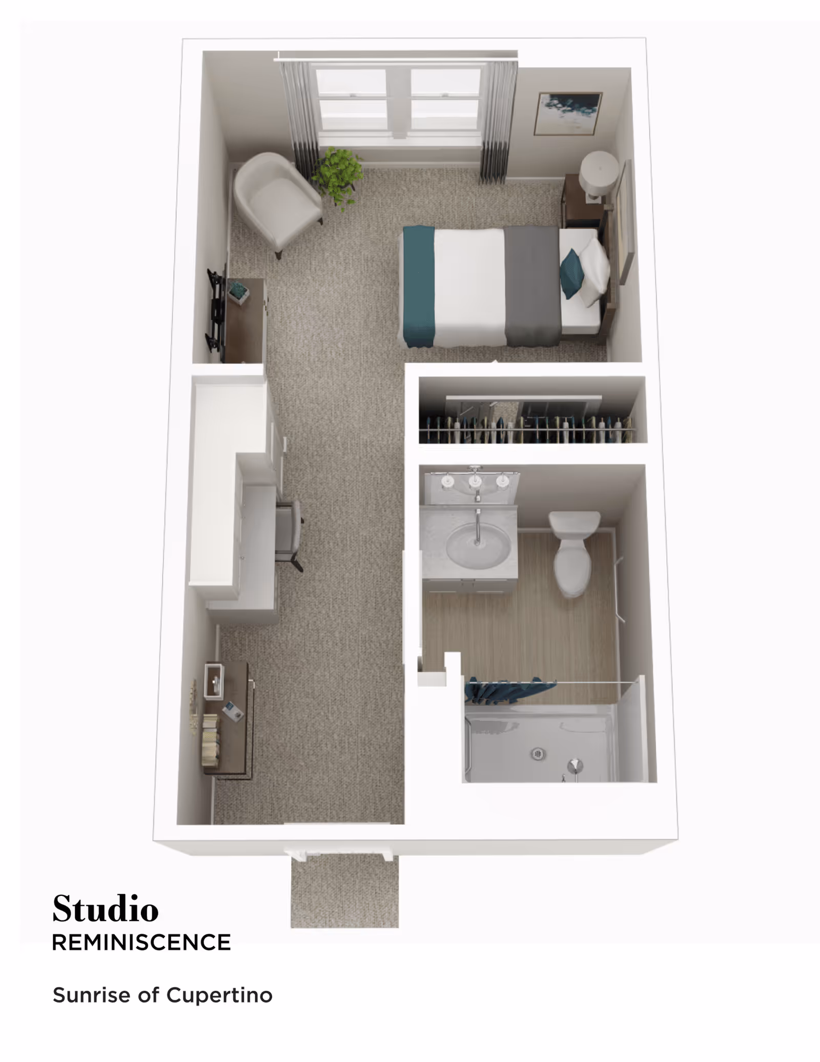 3D floor plan of a studio apartment at Sunrise of Cupertino named Reminiscence, showing a combined living and sleeping area with a bed, armchair, TV, desk, and closet. There is a separate bathroom with a shower, toilet, and sink.