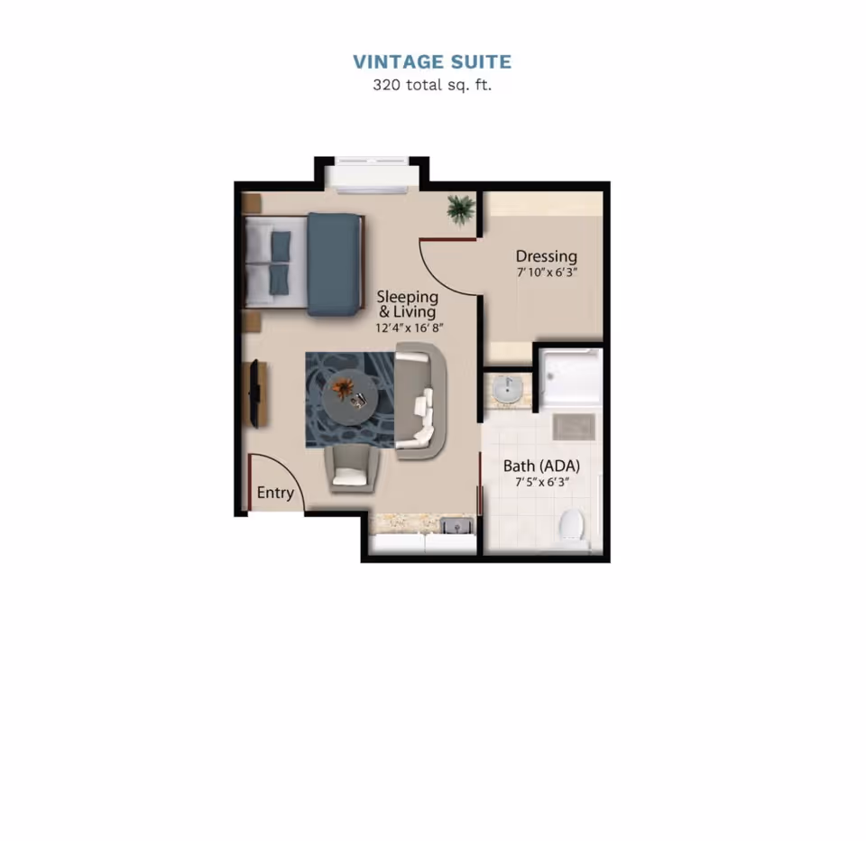 Floor plan diagram of a 320 sq. ft. Vintage Suite showing a combined sleeping and living area, dressing room, ADA bathroom, and entry.