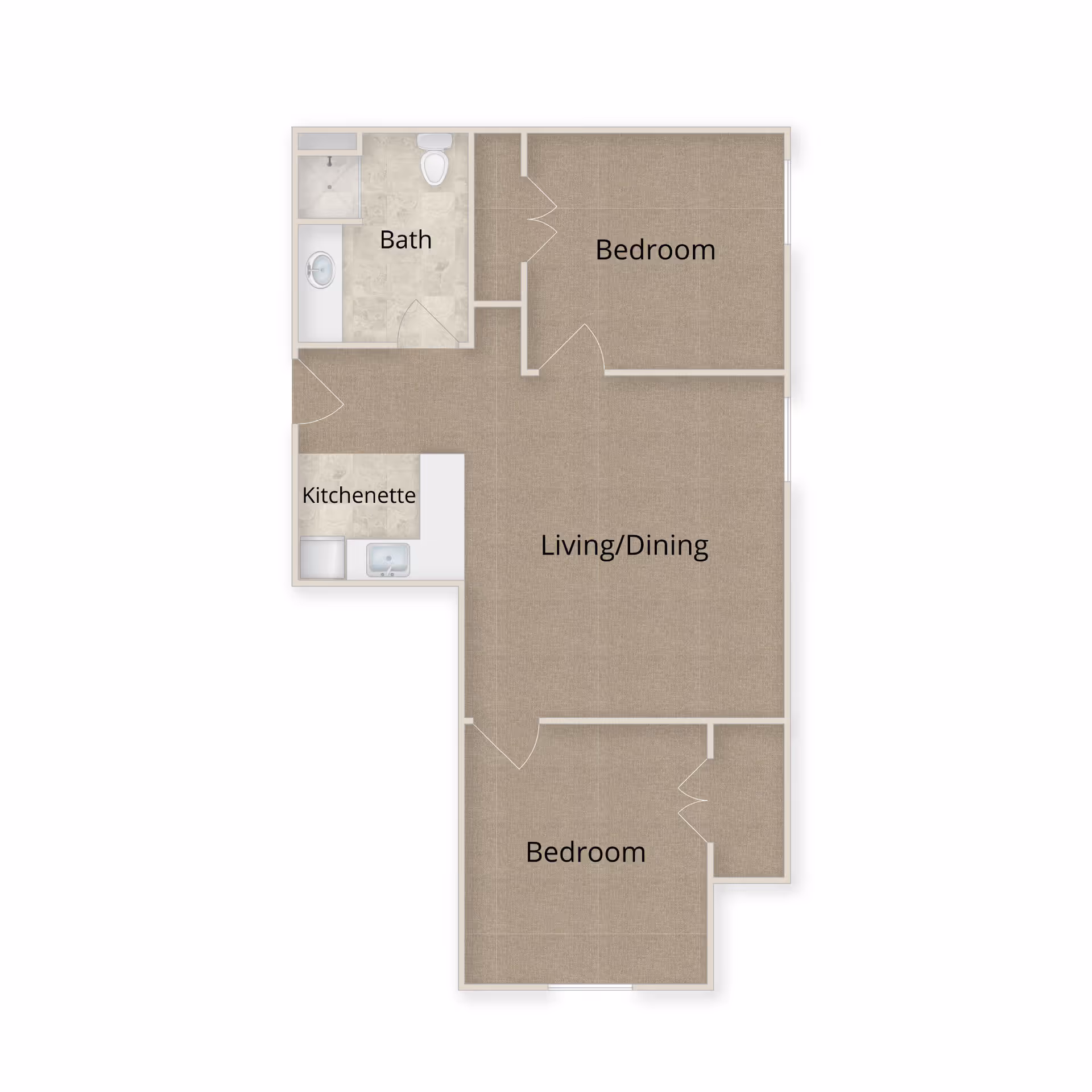 Floor plan layout of a senior living unit at Volante Senior Living of Grapevine showing two bedrooms, a bathroom, a kitchenette, and a combined living/dining area.