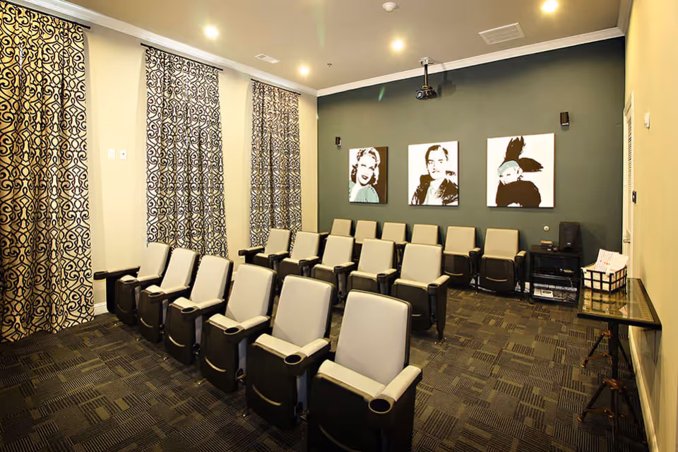 Small screening room with three rows of upholstered theater seats facing a wall with three portrait artworks and a ceiling-mounted projector.