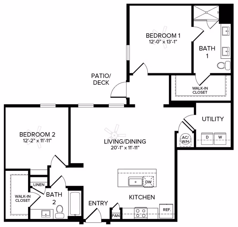 Floor plan of a two-bedroom apartment featuring Bedroom 1 with an attached Bath 1 and walk-in closet, Bedroom 2 with a walk-in closet, Bath 2, a combined living and dining area, a kitchen with an island and pantry, a utility room with washer and dryer, an entryway, and a patio/deck.