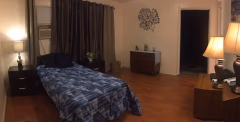 A bedroom with a single bed covered in a blue patterned bedspread, two black pillows, a nightstand with a lamp and a small plant, a dresser with decorative items, a wall decoration shaped like a tree, and two lamps providing warm lighting.