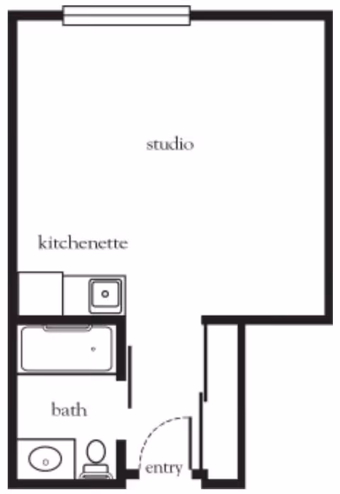 Floor plan of a studio apartment featuring an entryway, a bathroom with a sink, toilet, and bathtub, a kitchenette with a sink, and a main studio living area.